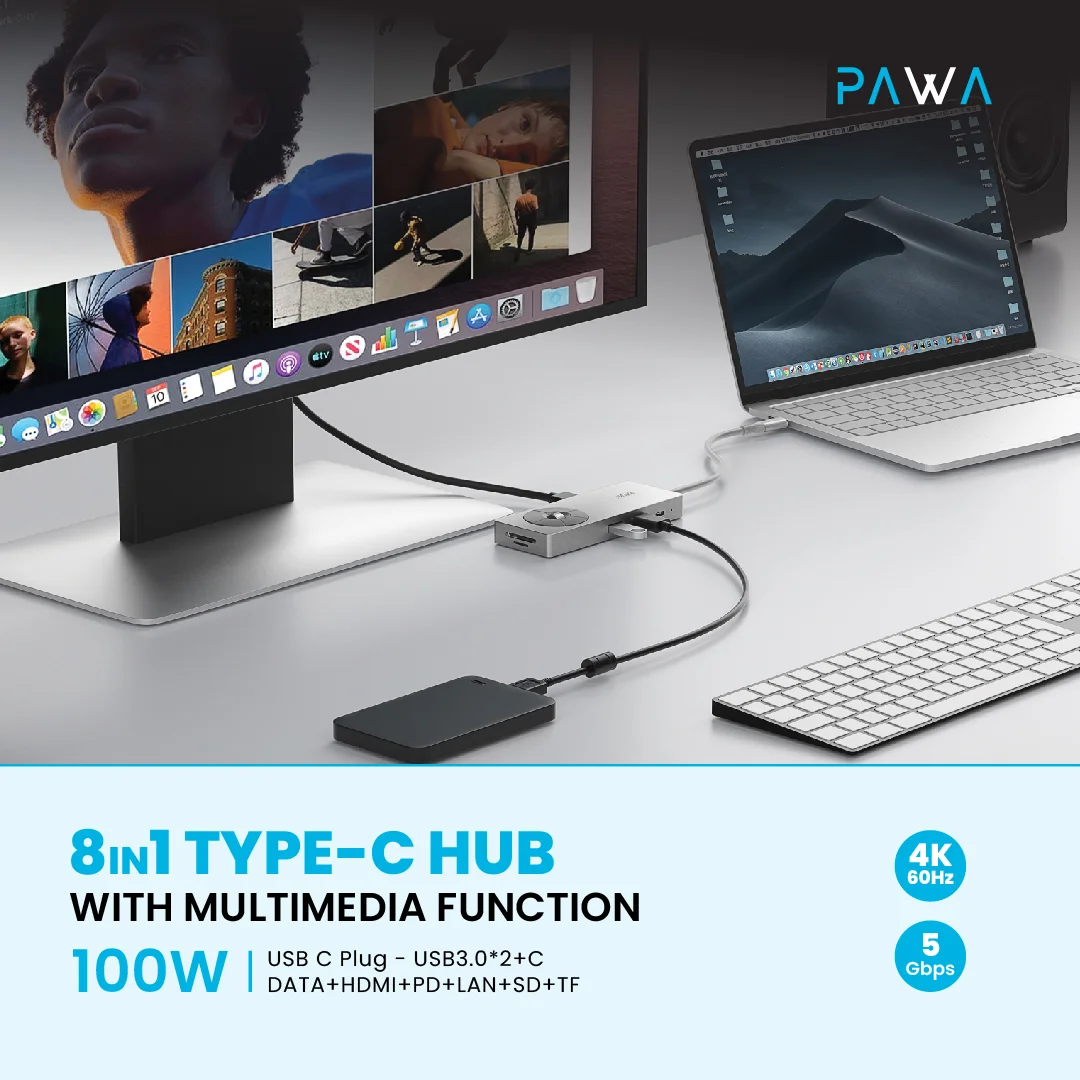 PAWA 8 IN 1 TYPE-C HUB WITH MULTIMEDIA FUCTION 100W PW-THUBB124 - Image 5