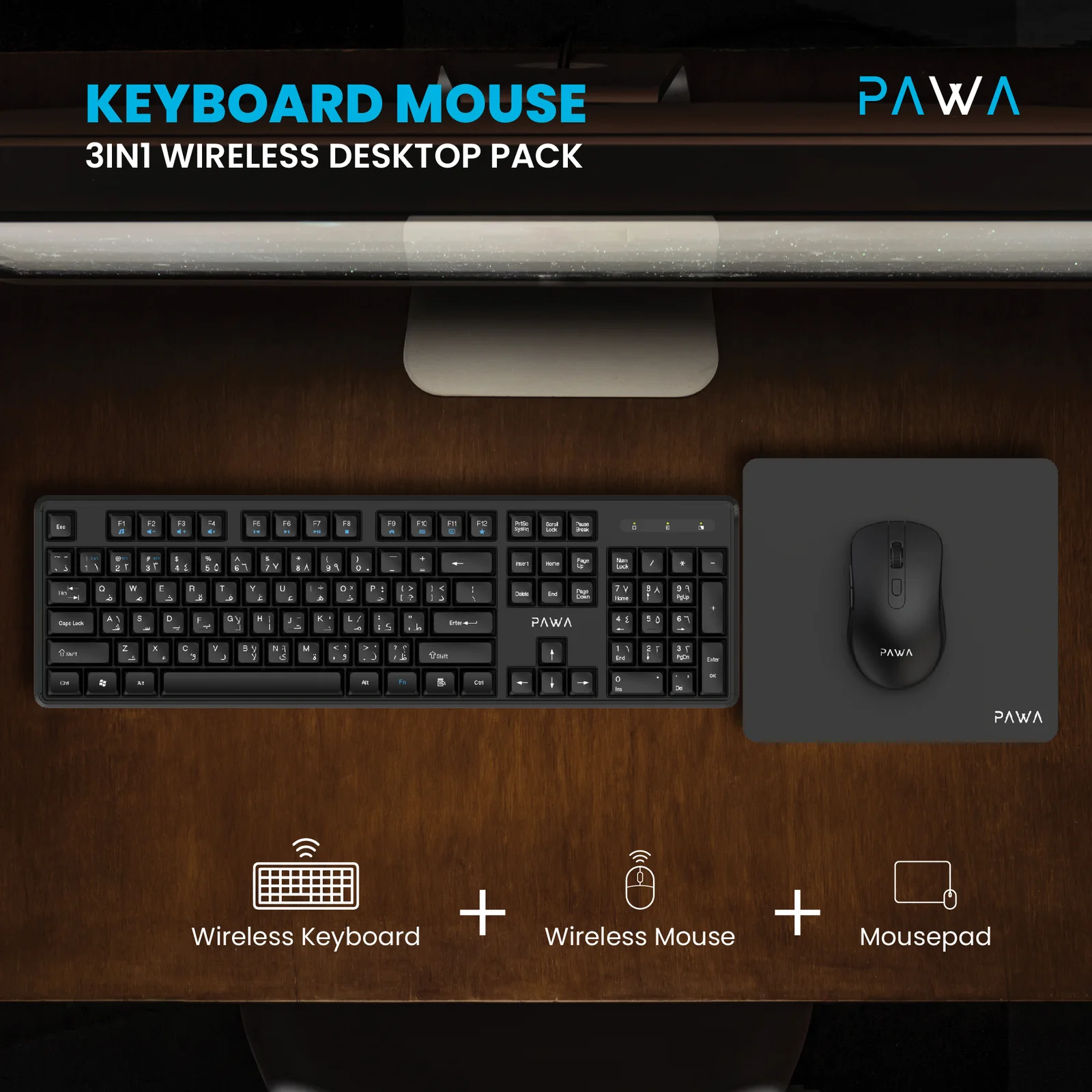PAWA 3 IN 1 WIRELESS DESKTOP PACK KEYBAORD MOUSE BLACK PW-KMP24BTW-BK - Image 3