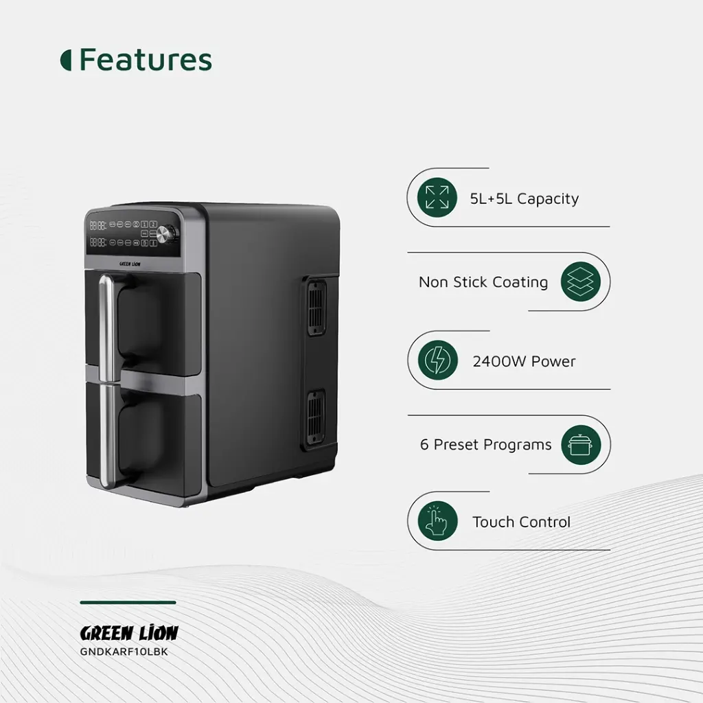 GREEN LION DOUBLE DECKER AIR FRYER 10L BLACK GNDKARF10LBK - Image 3