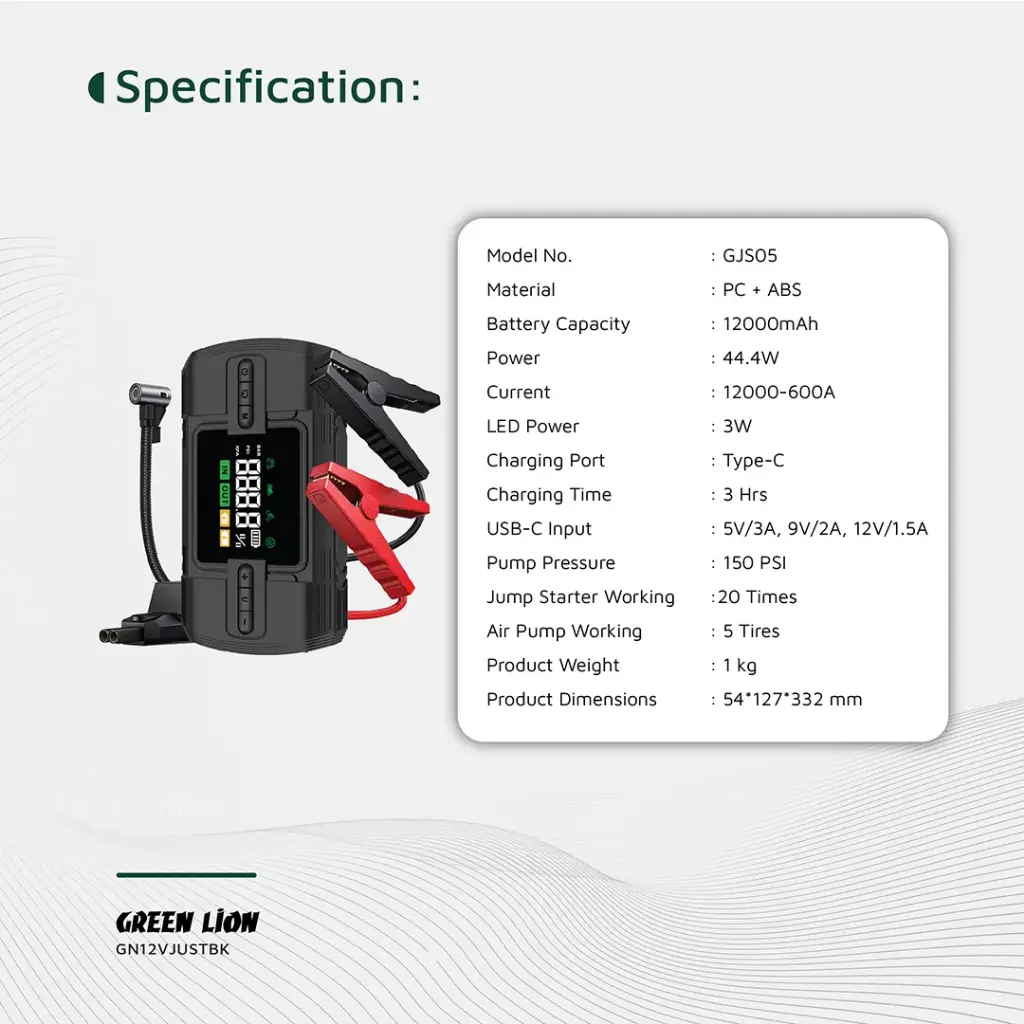 GREEN LION 12V JUMP STARTER 12000 MAH BLACK GN12VJUSTBK - Image 2