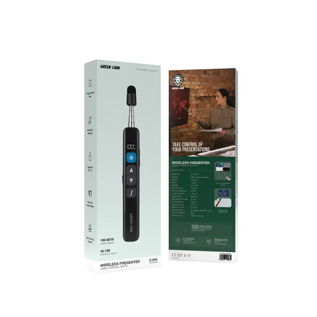 GREEN LION WIRELESS PRESENTER WITH RETRACTABLE POINTER BLACK GNWSPRWRPBK - Image 2