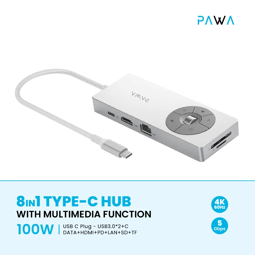 PAWA 8 IN 1 TYPE-C HUB WITH MULTIMEDIA FUCTION 100W PW-THUBB124 - Image 4