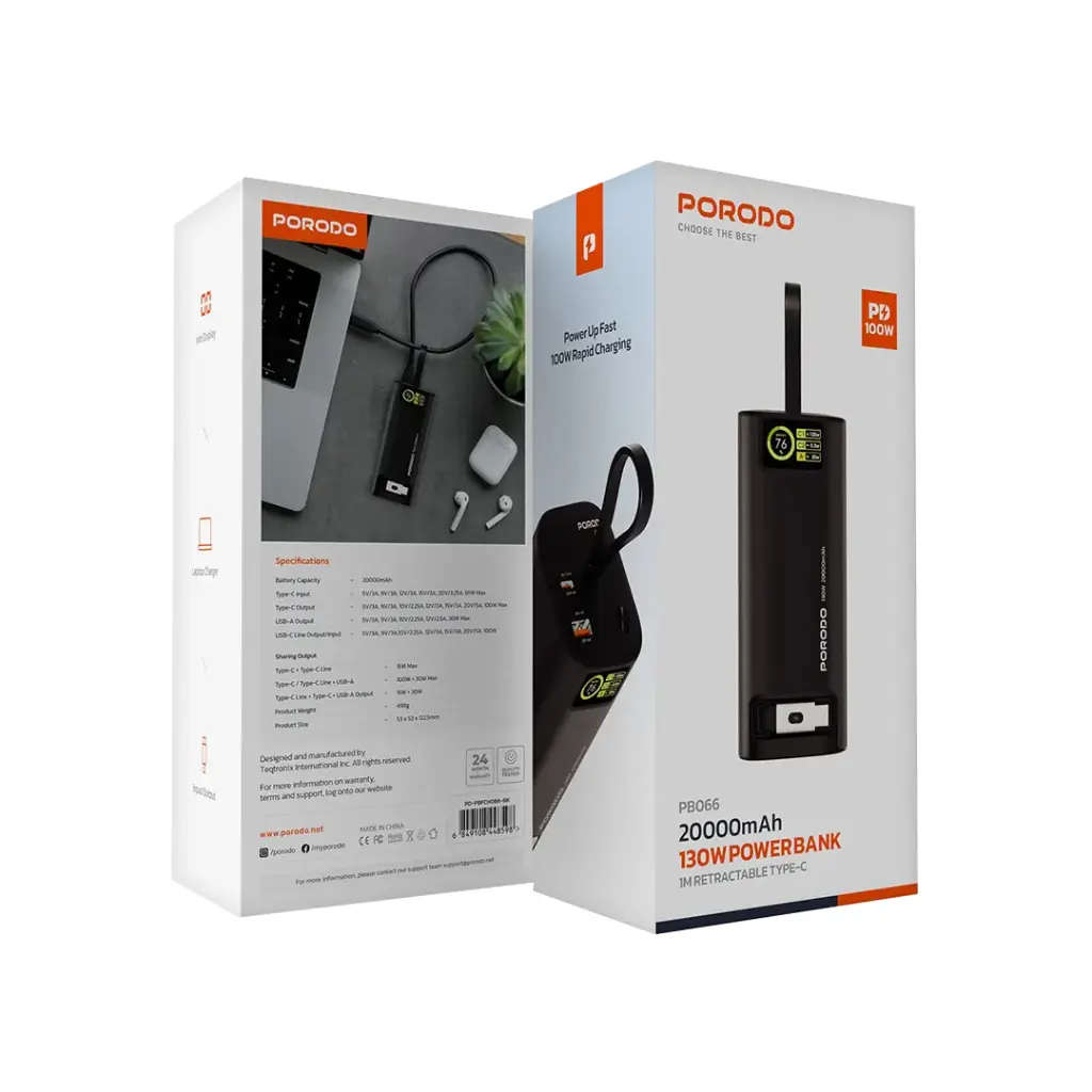 PORODO 20000MAH 130W POWERBANK WITH 1M RETRACTABLE TYPE C CABLE BLACK PD-PBFCH066-BK - Image 3