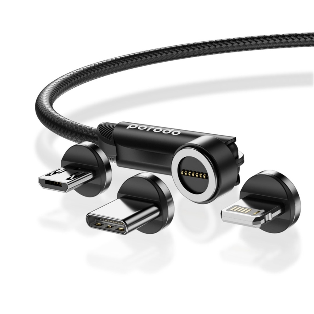 PORODO 3 IN 1 ROTATING CONNECTOR BRAIDED MAGNETIC LIGHTNING TYPE C MICRO USB CABLE 1M CABLE BLACK PD-3IMGC-BK - Image 2