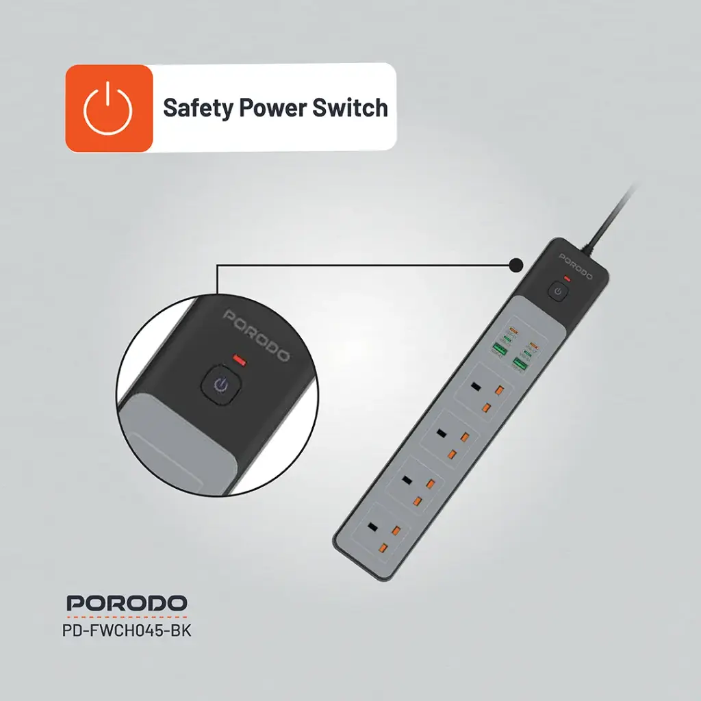 PORODO PD35W 4AC 65W 3000W POWER STRIP BLACK PD-FWCH045-BK - Image 5