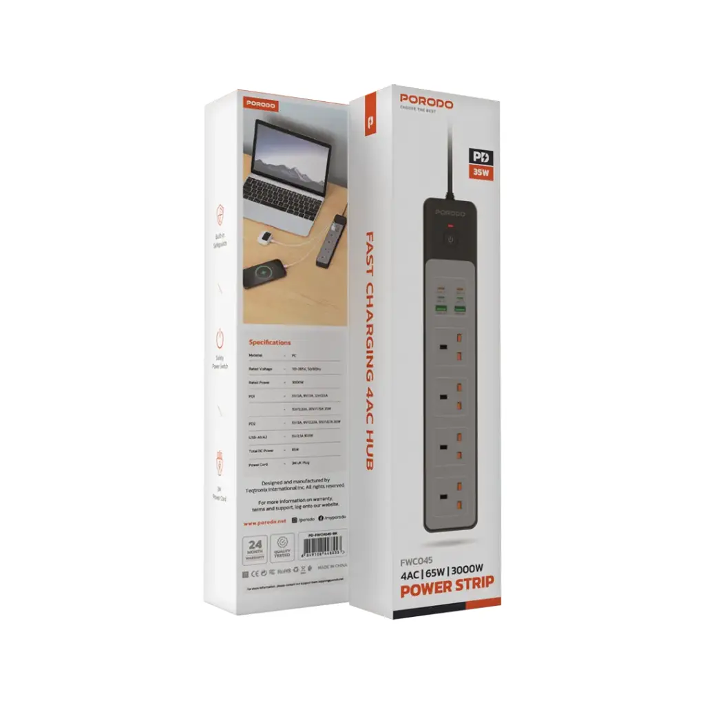 PORODO PD35W 4AC 65W 3000W POWER STRIP BLACK PD-FWCH045-BK - Image 2