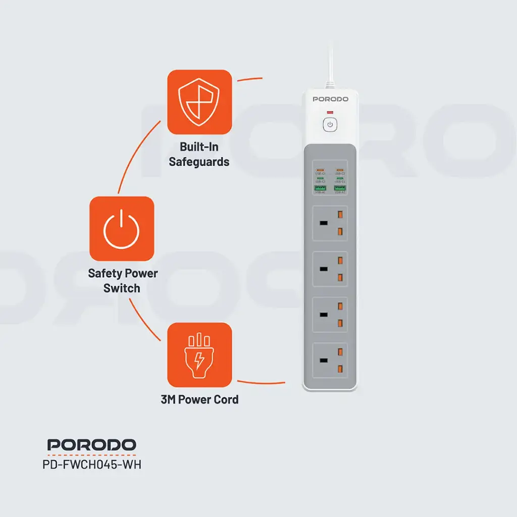 PORODO PD35W 4AC 65W 3000W POWER STRIP WHITE PD-FWCH045-WH - Image 5