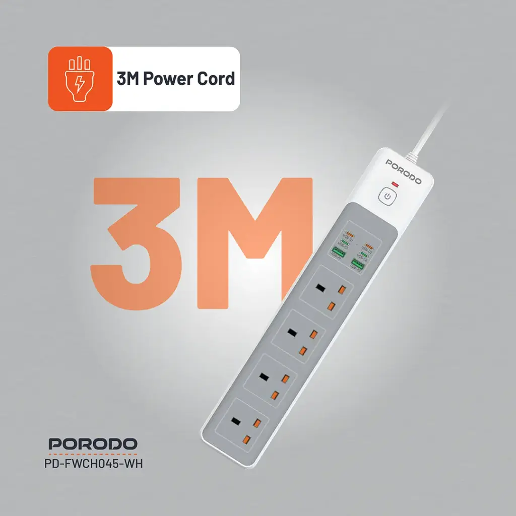 PORODO PD35W 4AC 65W 3000W POWER STRIP WHITE PD-FWCH045-WH - Image 4