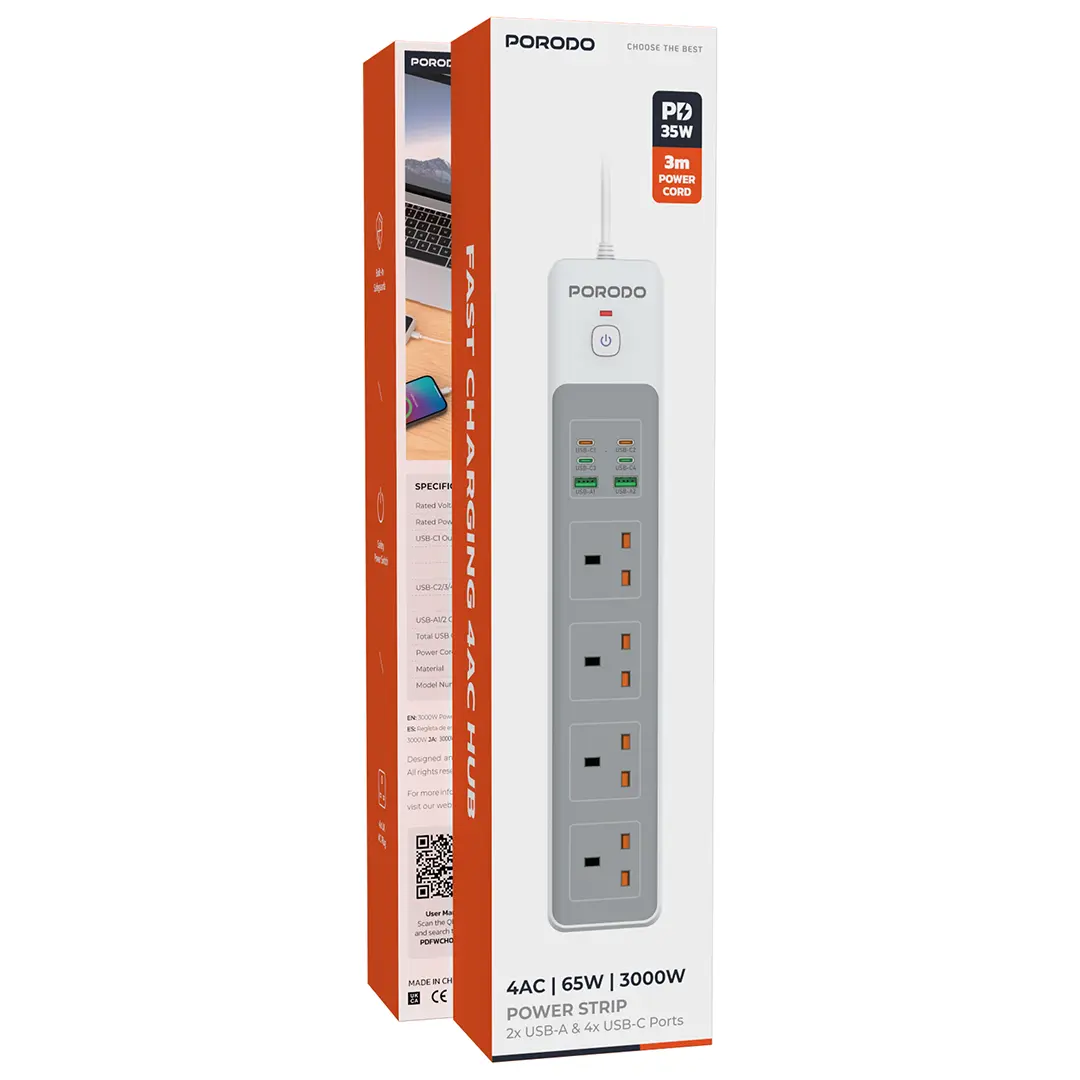 PORODO PD35W 4AC 65W 3000W POWER STRIP WHITE PD-FWCH045-WH - Image 2