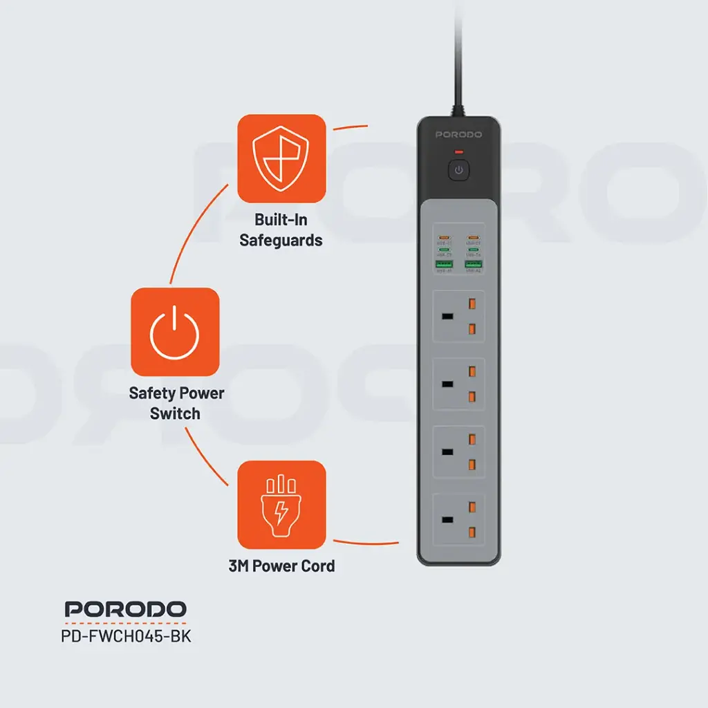 PORODO PD35W 4AC 65W 3000W POWER STRIP BLACK PD-FWCH045-BK - Image 6