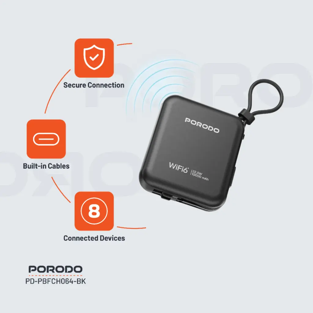 PORODO 4G LTE WIFI 6 POCKET ROUTER PD22.5W BLACK PD-PBFCH064-BK - Image 8