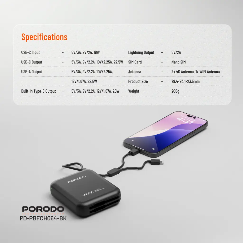 PORODO 4G LTE WIFI 6 POCKET ROUTER PD22.5W BLACK PD-PBFCH064-BK - Image 2