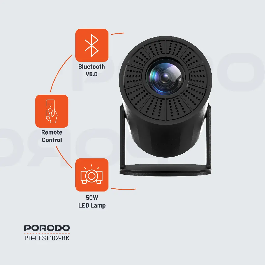 PORODO WIRELESS MIRRORING MULTI ANGLE PROJECTOR 1080P BLACK PD-LFST102-BK - Image 5
