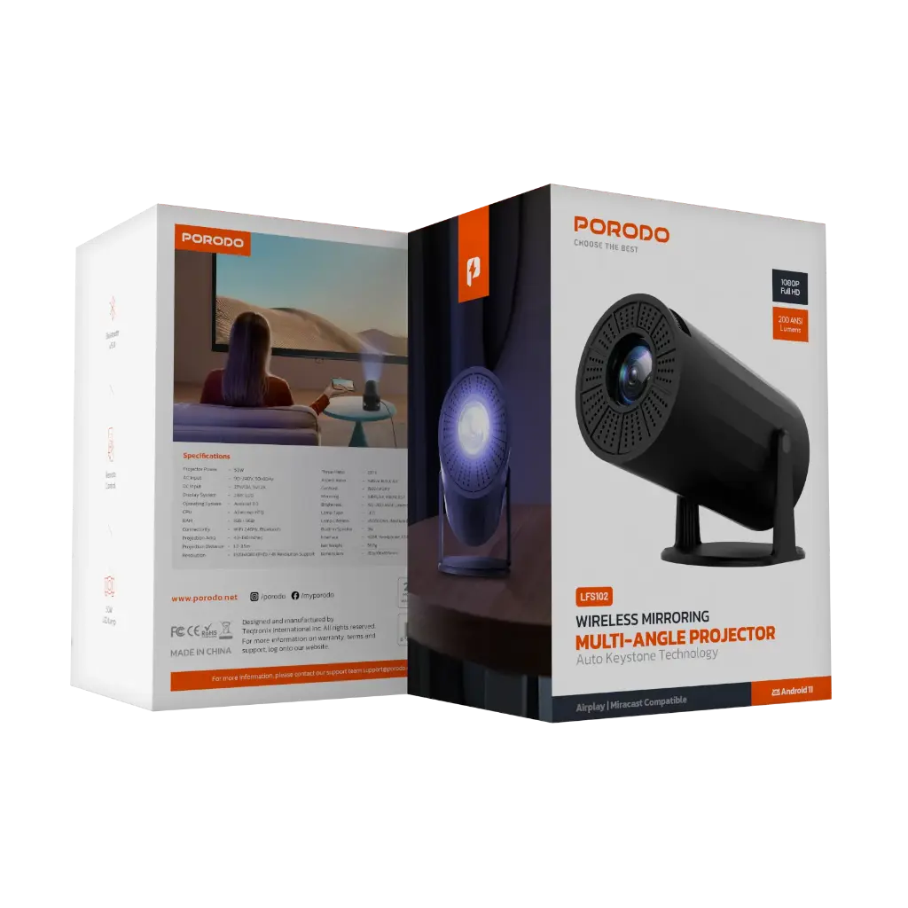PORODO WIRELESS MIRRORING MULTI ANGLE PROJECTOR 1080P BLACK PD-LFST102-BK - Image 6