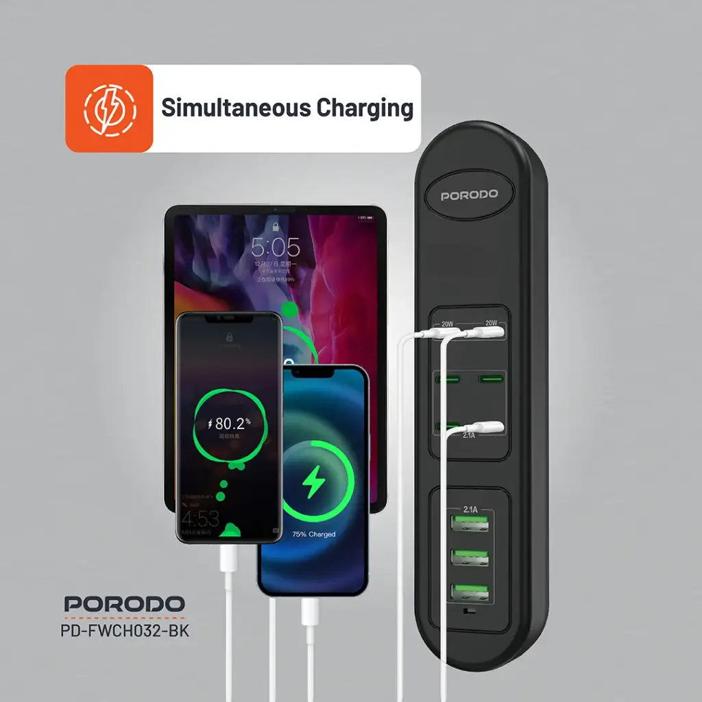 PORODO 50W MULTI PORT USB CHARGING HUB BLACK PD-FWCH032-BK - Image 9