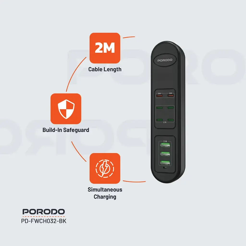 PORODO 50W MULTI PORT USB CHARGING HUB BLACK PD-FWCH032-BK - Image 7