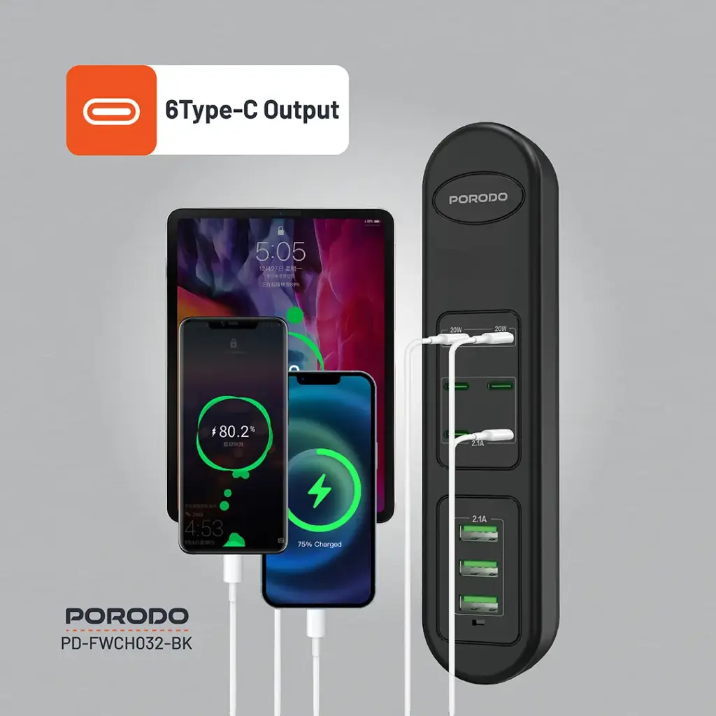 PORODO 50W MULTI PORT USB CHARGING HUB BLACK PD-FWCH032-BK - Image 6