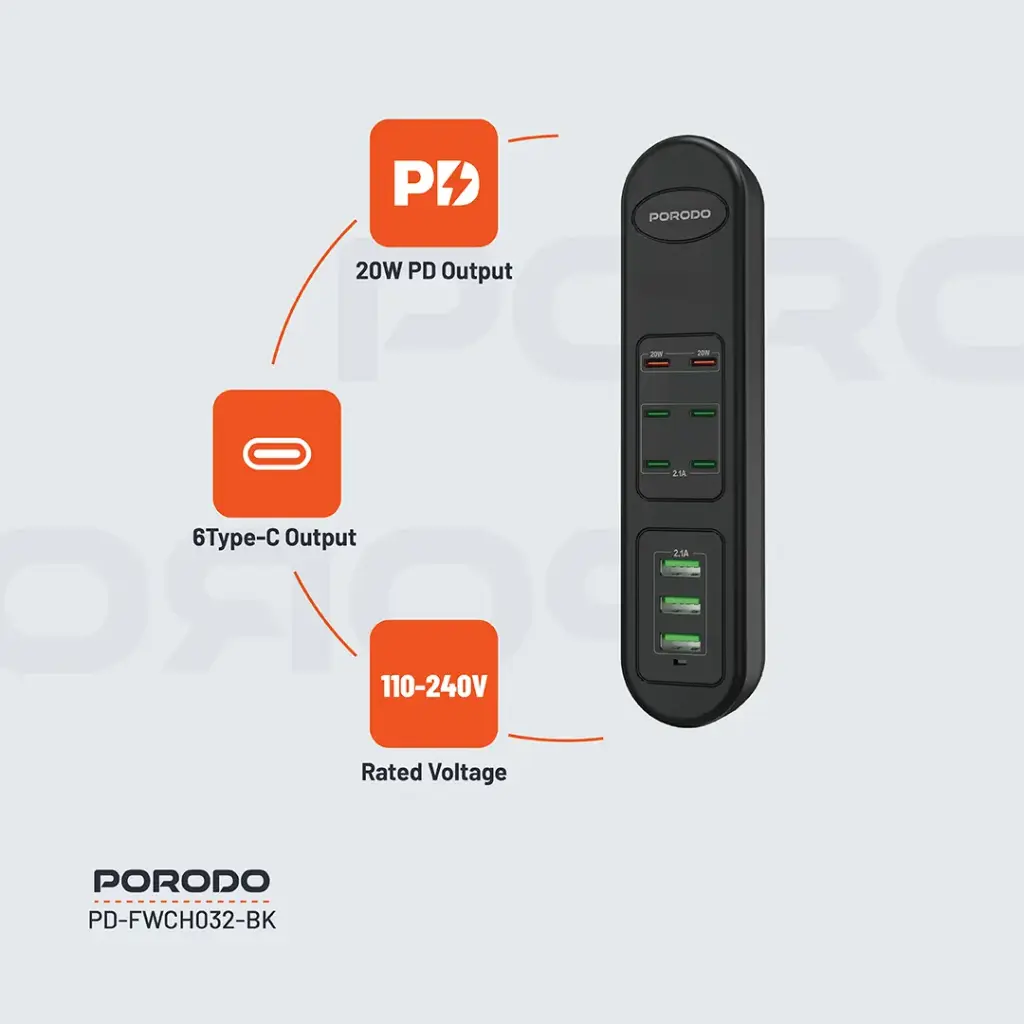 PORODO 50W MULTI PORT USB CHARGING HUB BLACK PD-FWCH032-BK - Image 3