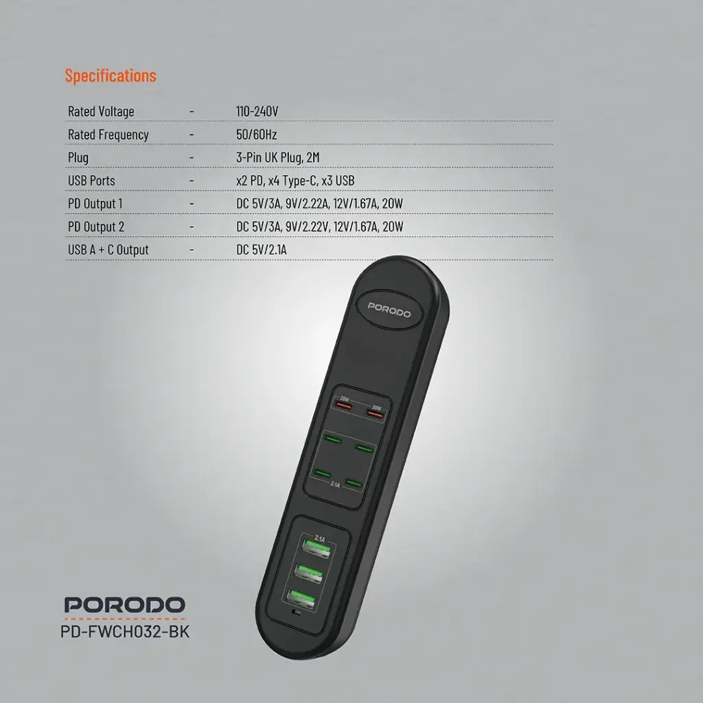 PORODO 50W MULTI PORT USB CHARGING HUB BLACK PD-FWCH032-BK - Image 2