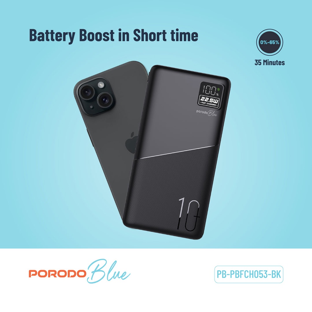 PORODO BLUE 10000MAH QUICK CHARGE POWERBANK USB A TO USB C BLACK PB-PBFCH053-BK - Image 3