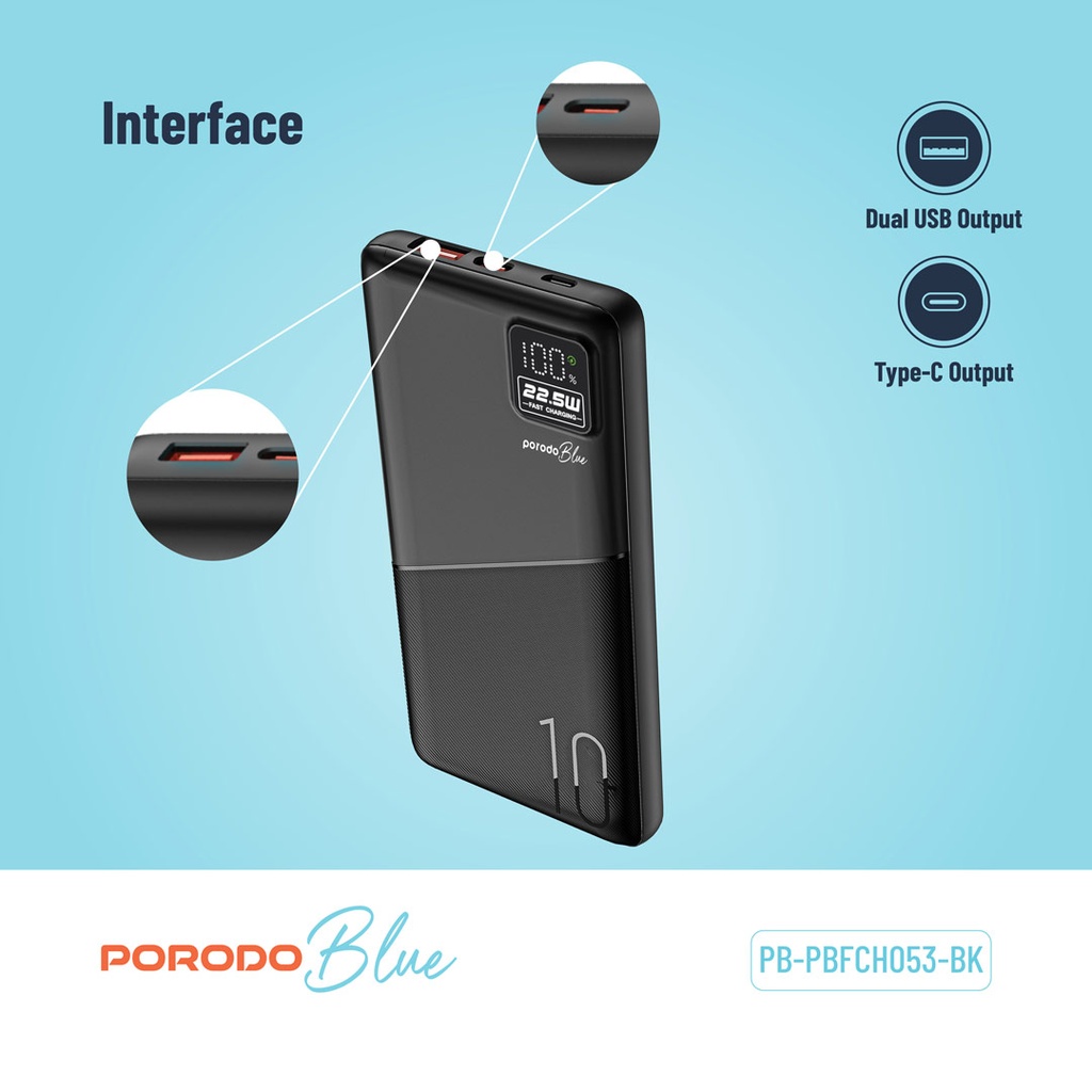 PORODO BLUE 10000MAH QUICK CHARGE POWERBANK USB A TO USB C BLACK PB-PBFCH053-BK - Image 2