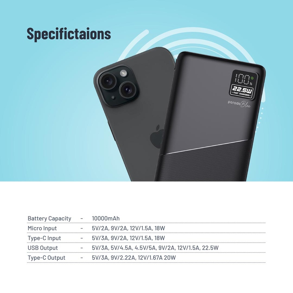 PORODO BLUE 10000MAH QUICK CHARGE POWERBANK USB A TO USB C BLACK PB-PBFCH053-BK - Image 4