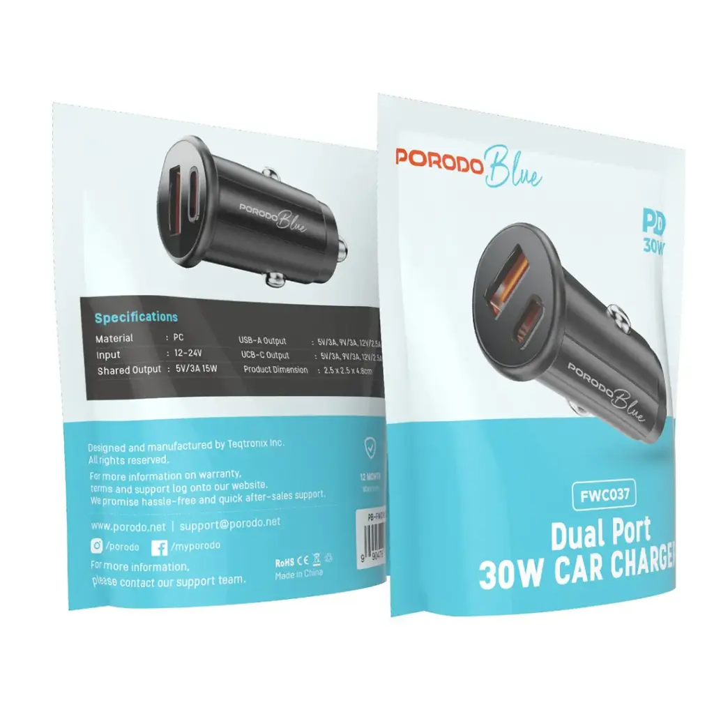 PORODO BLUE DUAL PORT 30W CAR CHARGER BLACK PB-FWCH037-BK - Image 2