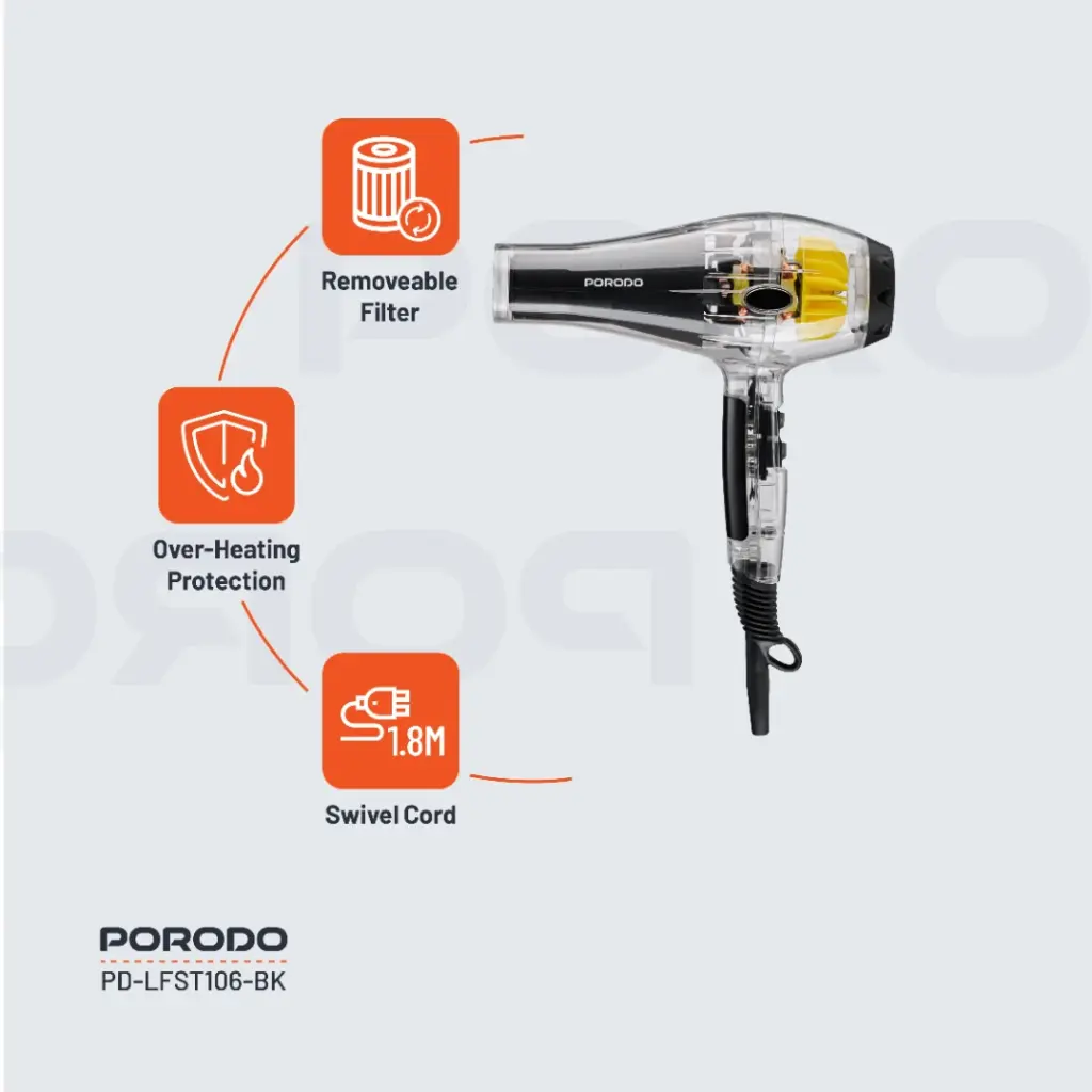 PORODO LIFESTYLE CRYSTAL SHELL HAIR DRYER BLACK PD-LFST106-BK - Image 4