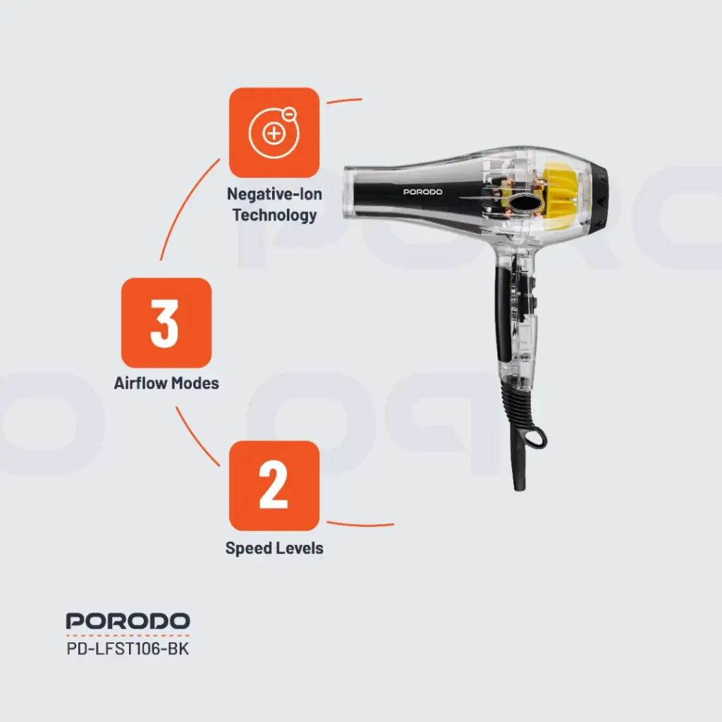 PORODO LIFESTYLE CRYSTAL SHELL HAIR DRYER BLACK PD-LFST106-BK - Image 3