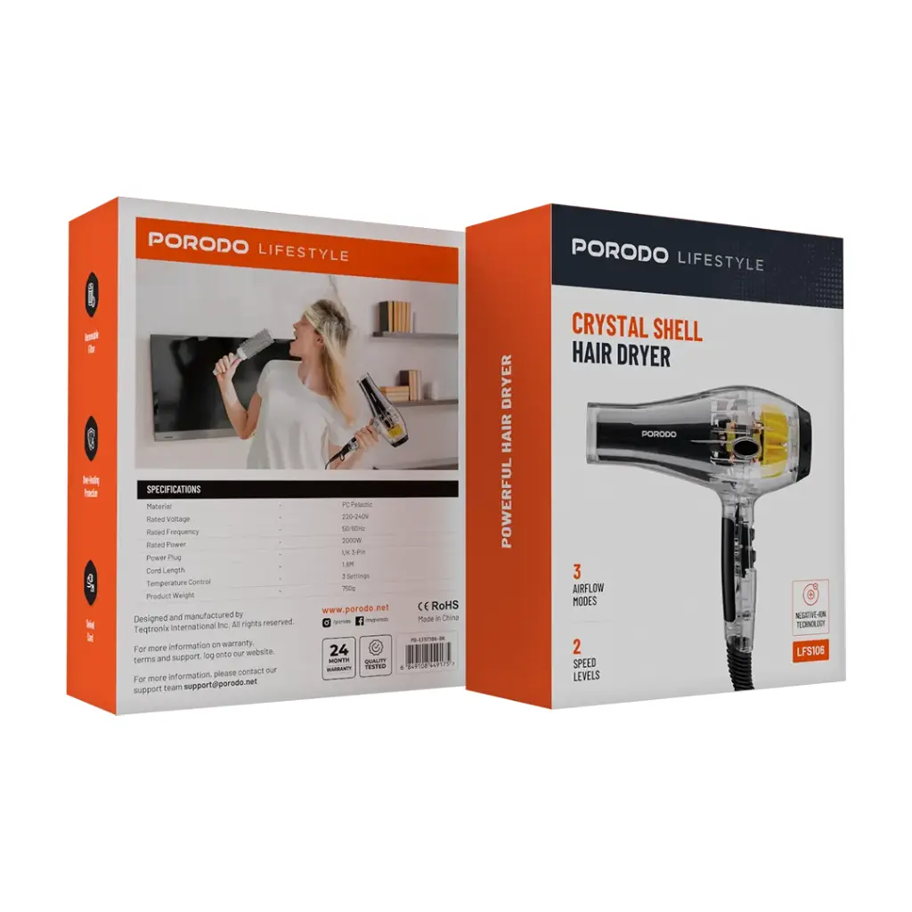 PORODO LIFESTYLE CRYSTAL SHELL HAIR DRYER BLACK PD-LFST106-BK - Image 2