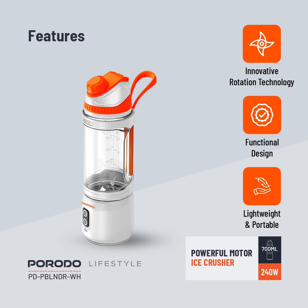 PORODO LIFESTYLE DUAL SPIN CLOCK WISE REVERSE PORTABLE BLENDER WHITE PD-PBLNDR-WH - Image 3