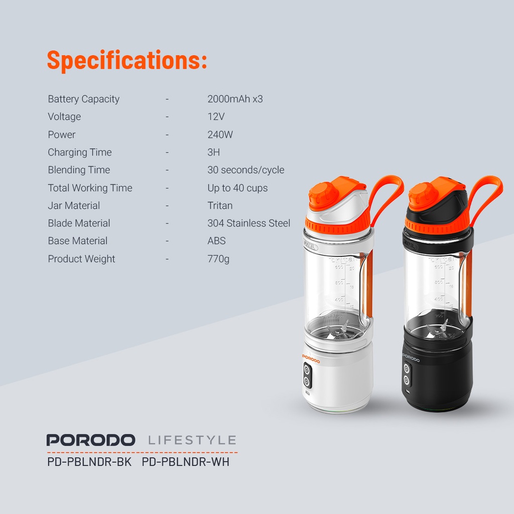 PORODO LIFESTYLE DUAL SPIN CLOCK WISE REVERSE PORTABLE BLENDER WHITE PD-PBLNDR-WH - Image 2