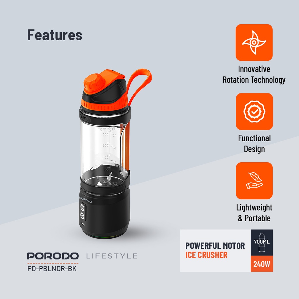 PORODO LIFESTYLE DUAL SPIN CLOCK WISE & REVERSE PORTABLE BLENDER BLACK PD-PBLNDR-BK - Image 4