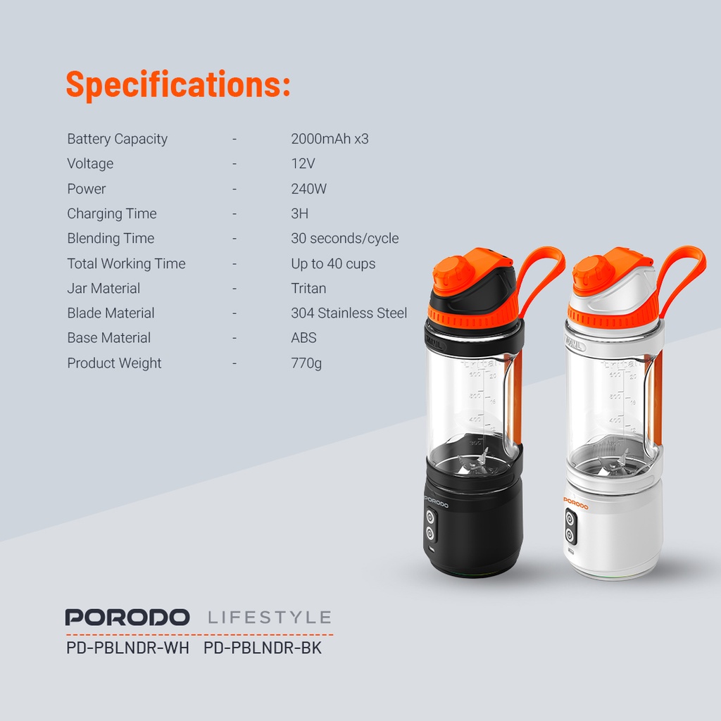 PORODO LIFESTYLE DUAL SPIN CLOCK WISE & REVERSE PORTABLE BLENDER BLACK PD-PBLNDR-BK - Image 3