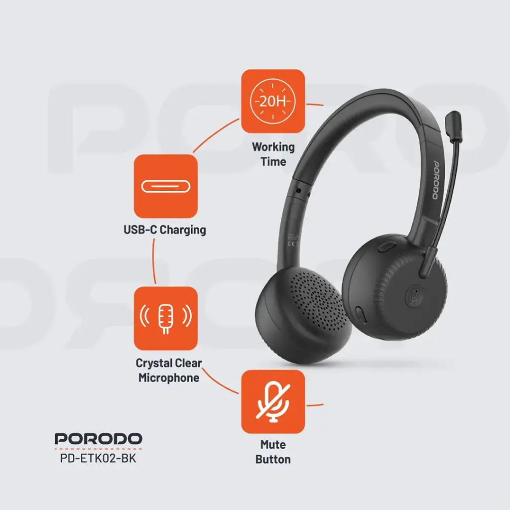 PORODO OFFICE WIRELESS HEADSET BLACK PD-ETK02-BK - Image 2