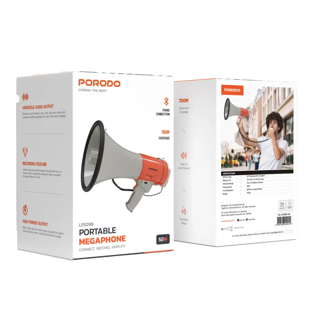 PORODO PORTABLE MEGAPHONE 50W ORANGE PD-LFST098-OG - Image 2