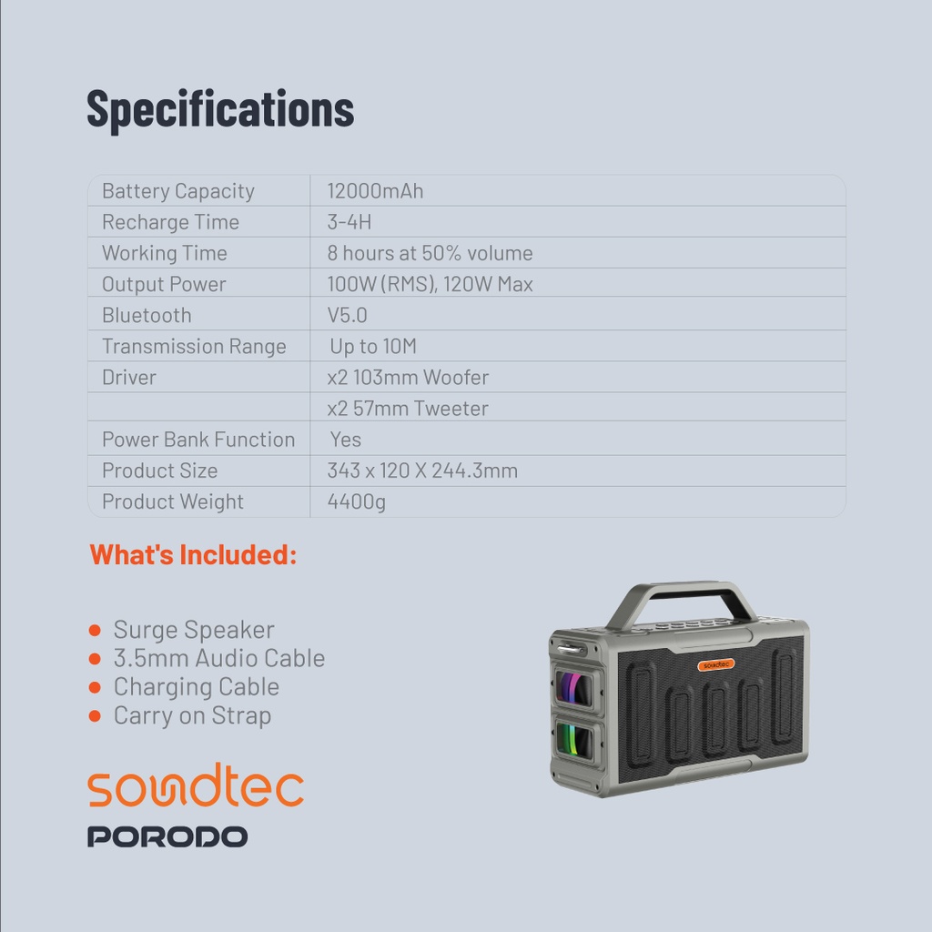 PORODO SOUNDTEC SURGE 2.2 CHANNEL PARTY BLACK SPEAKER PD-STPS100-BK - Image 3