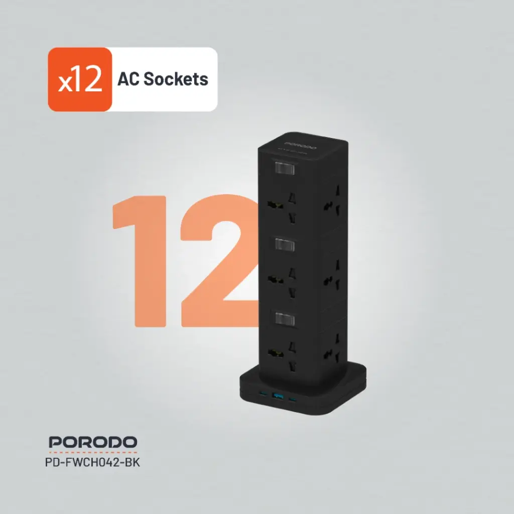 PORODO THREE STORY 12 AC POWER HUB USB C PD AND QUICK CHARE 3.0 PD20W BLACK PD-FWCH042-BK - Image 6