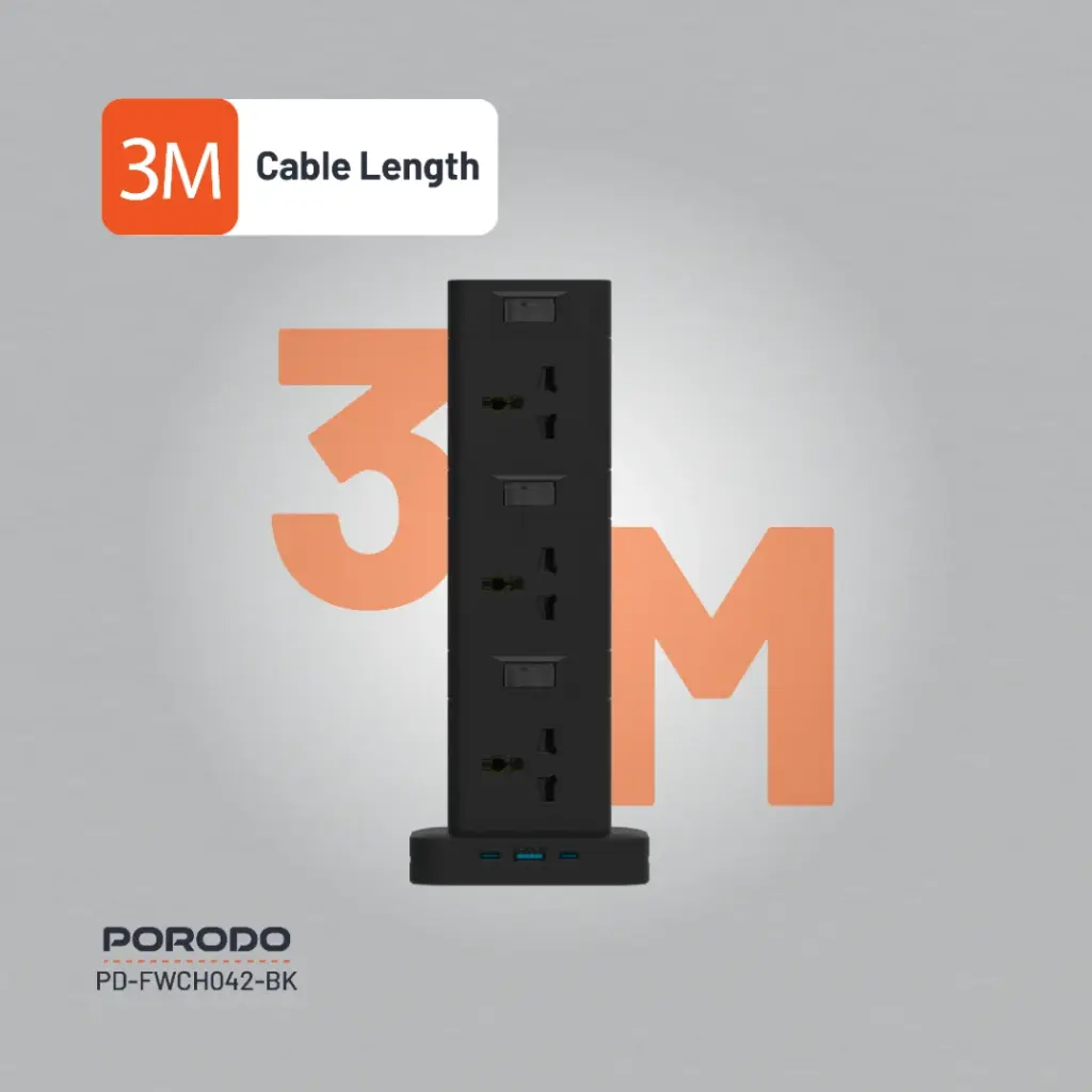 PORODO THREE STORY 12 AC POWER HUB USB C PD AND QUICK CHARE 3.0 PD20W BLACK PD-FWCH042-BK - Image 5