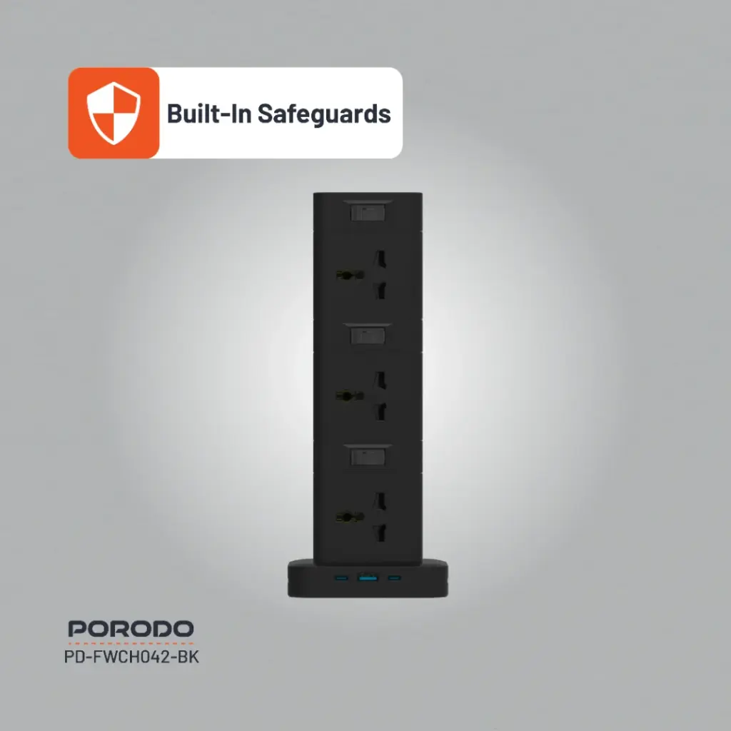 PORODO THREE STORY 12 AC POWER HUB USB C PD AND QUICK CHARE 3.0 PD20W BLACK PD-FWCH042-BK - Image 4