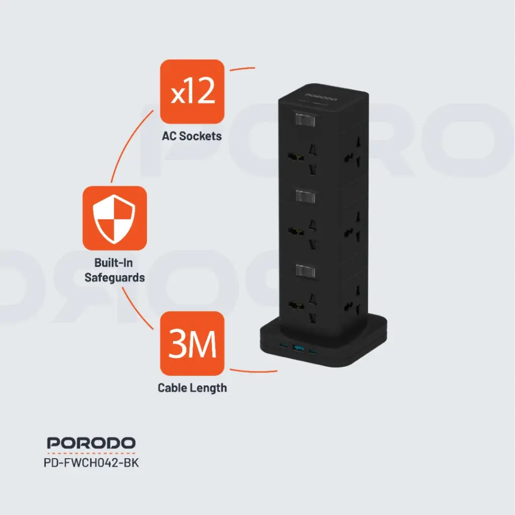 PORODO THREE STORY 12 AC POWER HUB USB C PD AND QUICK CHARE 3.0 PD20W BLACK PD-FWCH042-BK - Image 3