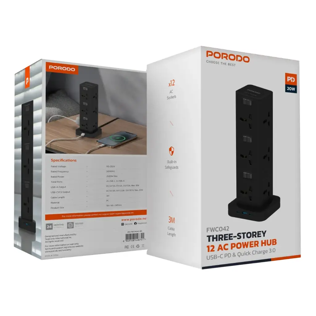 PORODO THREE STORY 12 AC POWER HUB USB C PD AND QUICK CHARE 3.0 PD20W BLACK PD-FWCH042-BK - Image 2