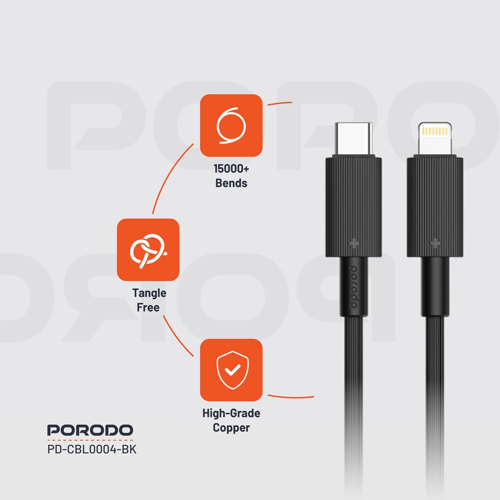 PORODO USB C TO LIGHTNING DURABLE CHARGING CABLE 1.2M BLACK PD-CBL0004-BK - Image 3