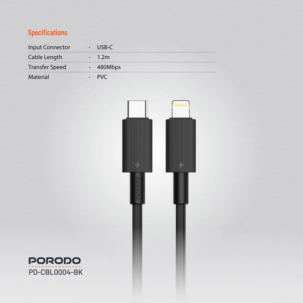 PORODO USB C TO LIGHTNING DURABLE CHARGING CABLE 1.2M BLACK PD-CBL0004-BK - Image 2