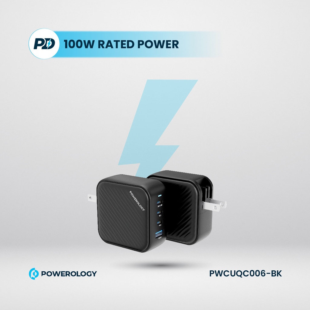 POWEROLOGY TRIPLE PD GAN CHARGER PD100W USB A TO QC 3.0 BLACK - Image 6
