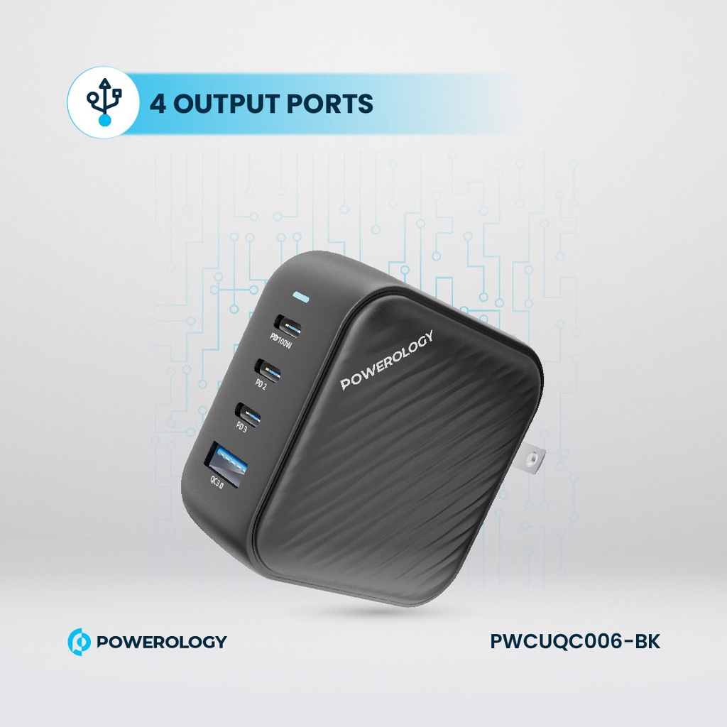 POWEROLOGY TRIPLE PD GAN CHARGER PD100W USB A TO QC 3.0 BLACK - Image 4