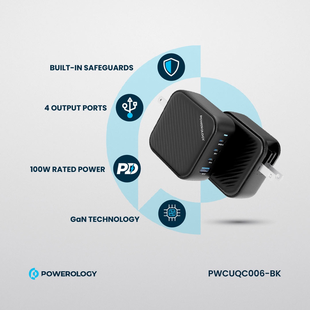 POWEROLOGY TRIPLE PD GAN CHARGER PD100W USB A TO QC 3.0 BLACK - Image 2
