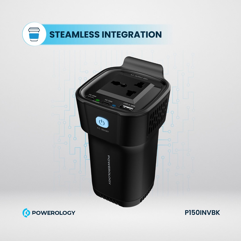 POWEROLOGY POWER INVERTER CUP HOLDER 150W 30 PD DUAL USB C & USB A QC3.0 BLACK P150INVBK - Image 6