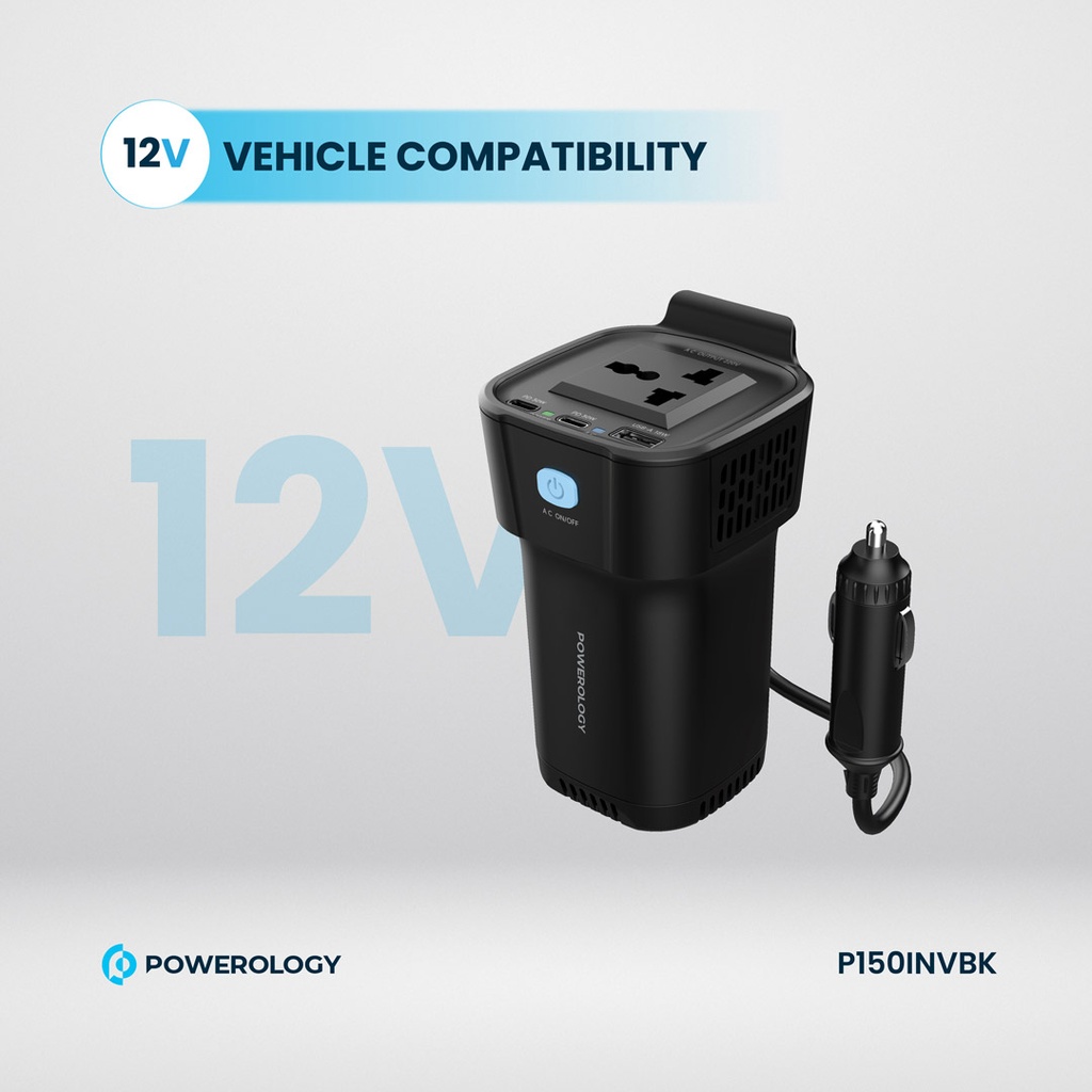 POWEROLOGY POWER INVERTER CUP HOLDER 150W 30 PD DUAL USB C & USB A QC3.0 BLACK P150INVBK - Image 5