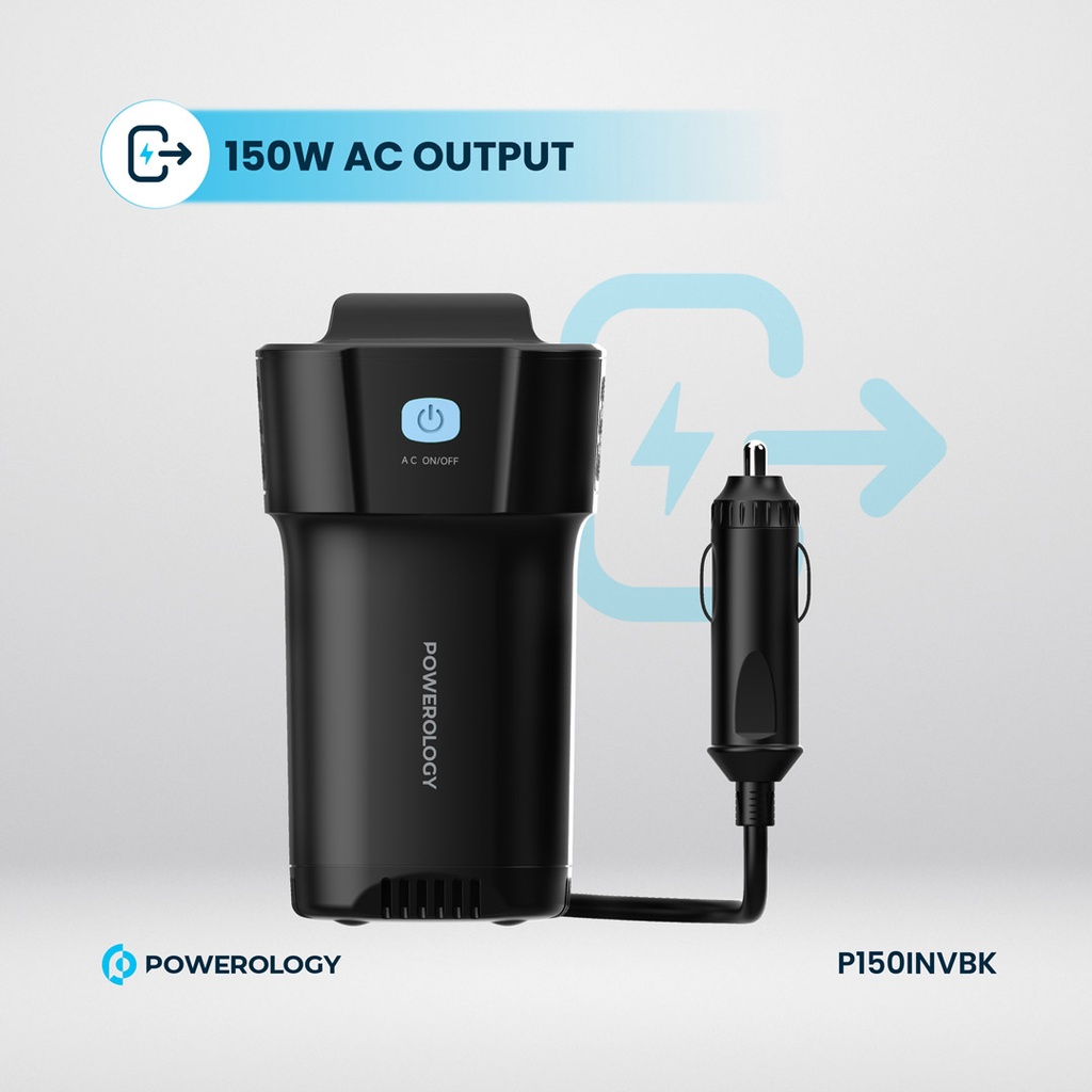 POWEROLOGY POWER INVERTER CUP HOLDER 150W 30 PD DUAL USB C & USB A QC3.0 BLACK P150INVBK - Image 4